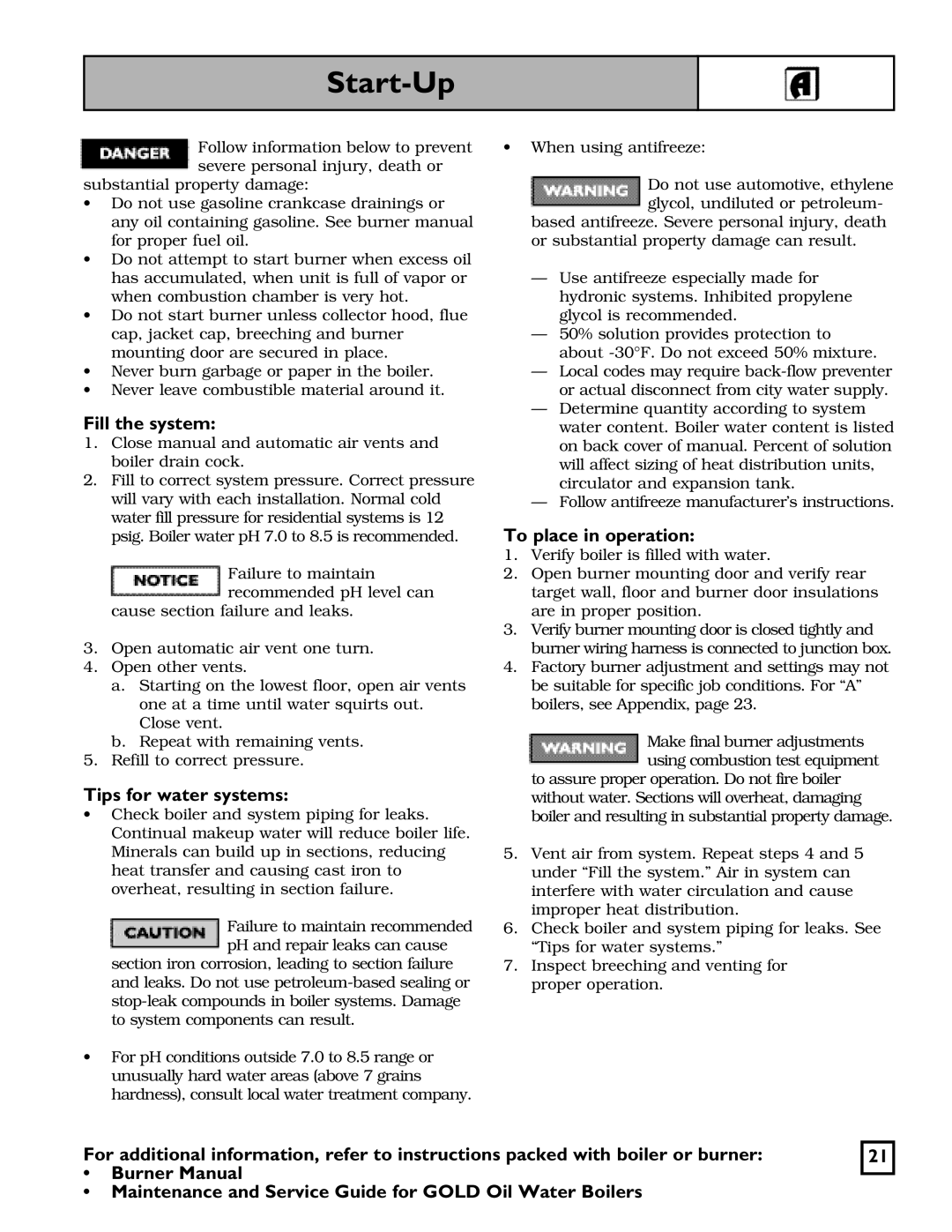 Weil-McLain SGO-W SERIES 3 OIL-FIRED NATURAL DRAFT WATER BOILER manual Start-Up, Fill the system, Tips for water systems 