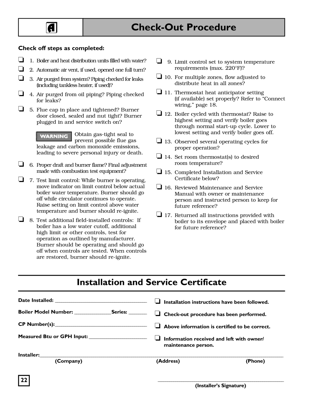 Weil-McLain 550-141-827/1201 manual Check-Out Procedure, Check off steps as completed 