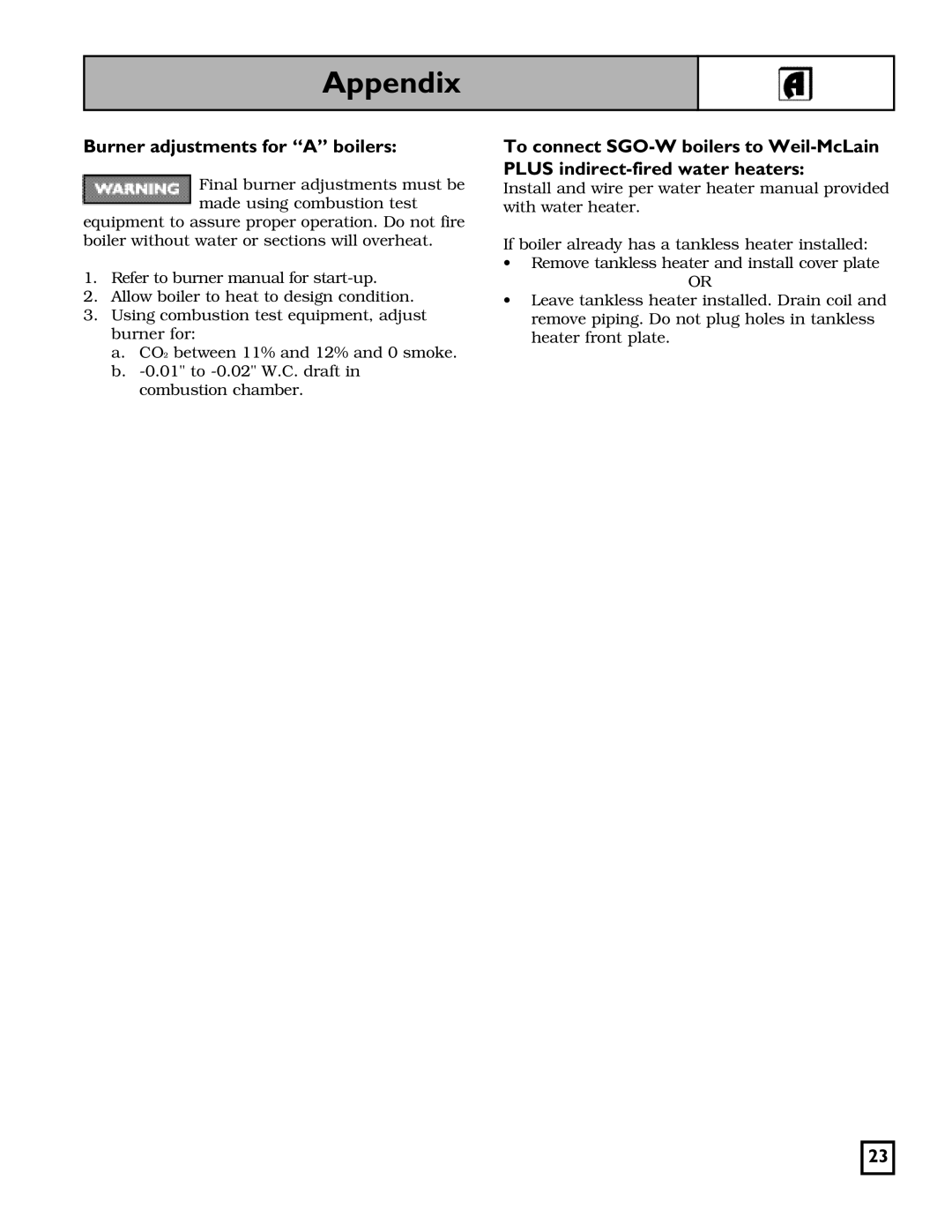 Weil-McLain SGO-W SERIES 3 OIL-FIRED NATURAL DRAFT WATER BOILER manual Appendix, Burner adjustments for a boilers 