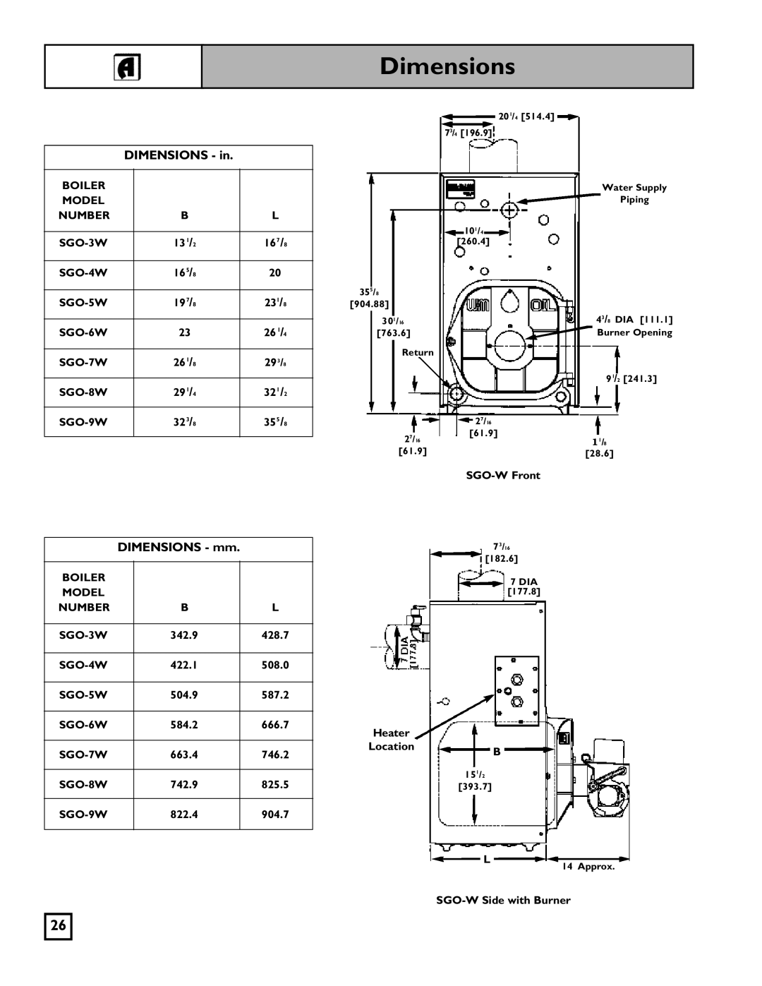 Weil-McLain 550-141-827/1201, SGO-W SERIES 3 OIL-FIRED NATURAL DRAFT WATER BOILER manual Dimensions 