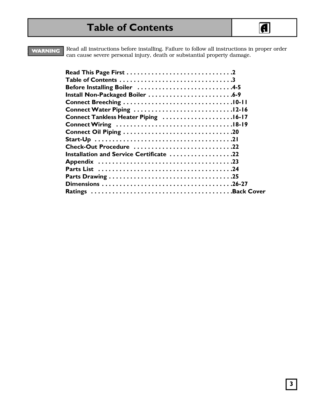 Weil-McLain SGO-W SERIES 3 OIL-FIRED NATURAL DRAFT WATER BOILER Table of Contents, Read This Page First, Connect Breeching 