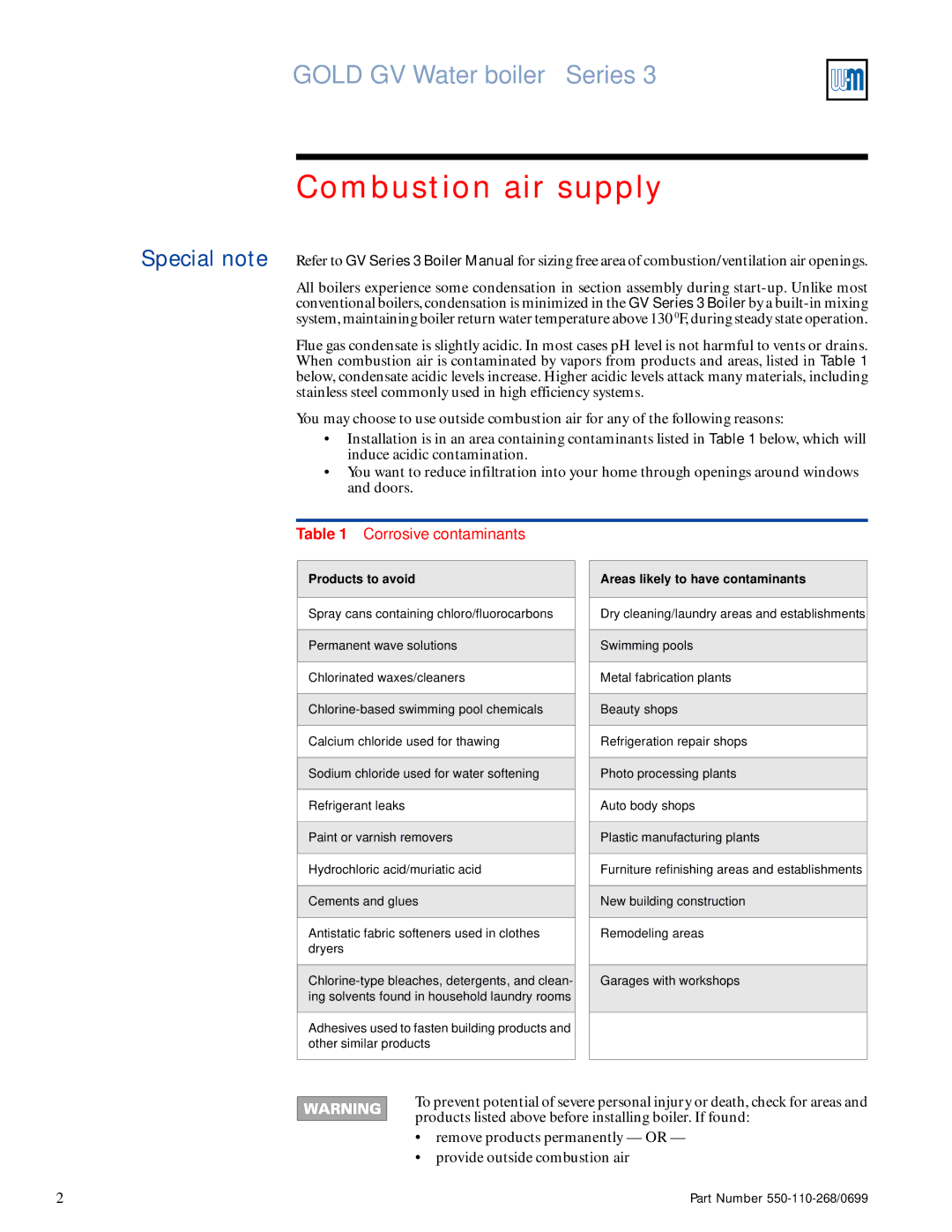 Weil-McLain STAR-34 Combustion air supply, Corrosive contaminants, Products to avoid, Areas likely to have contaminants 