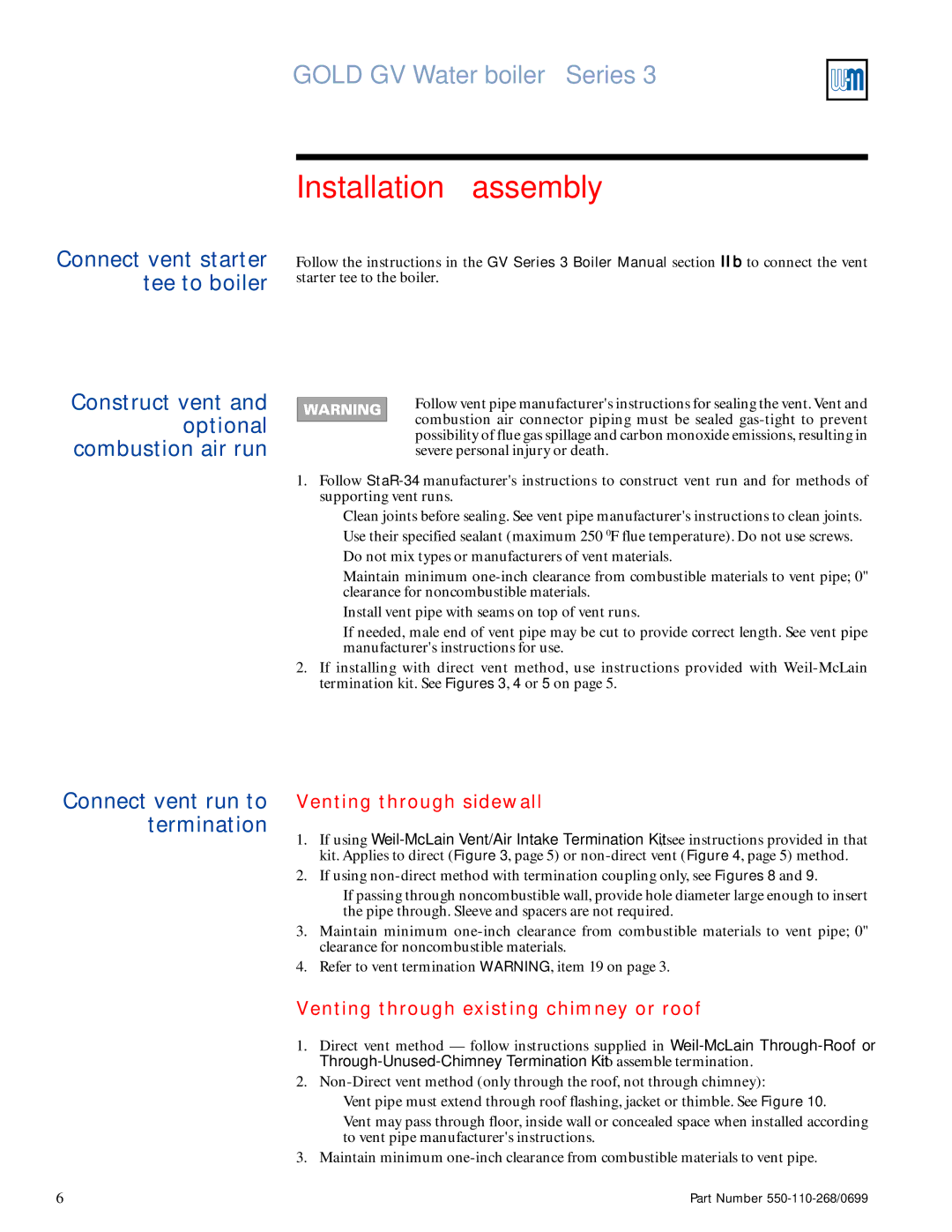 Weil-McLain STAR-34 manual Installation assembly, Connect vent run to termination, Venting through sidewall 