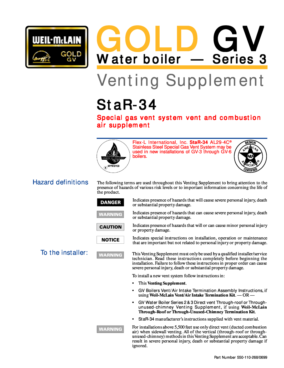 Weil-McLain STAR-34 manual Hazard definitions To the installer, This Venting Supplement, Gold Gv, StaR-34 