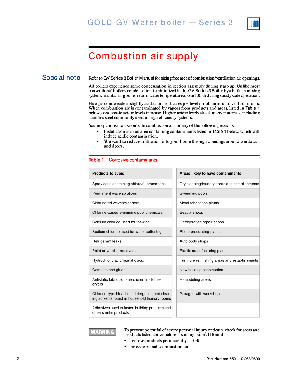 Weil-McLain STAR-34 manual Combustion air supply, GOLD GV Water boiler - Series, Corrosive contaminants 