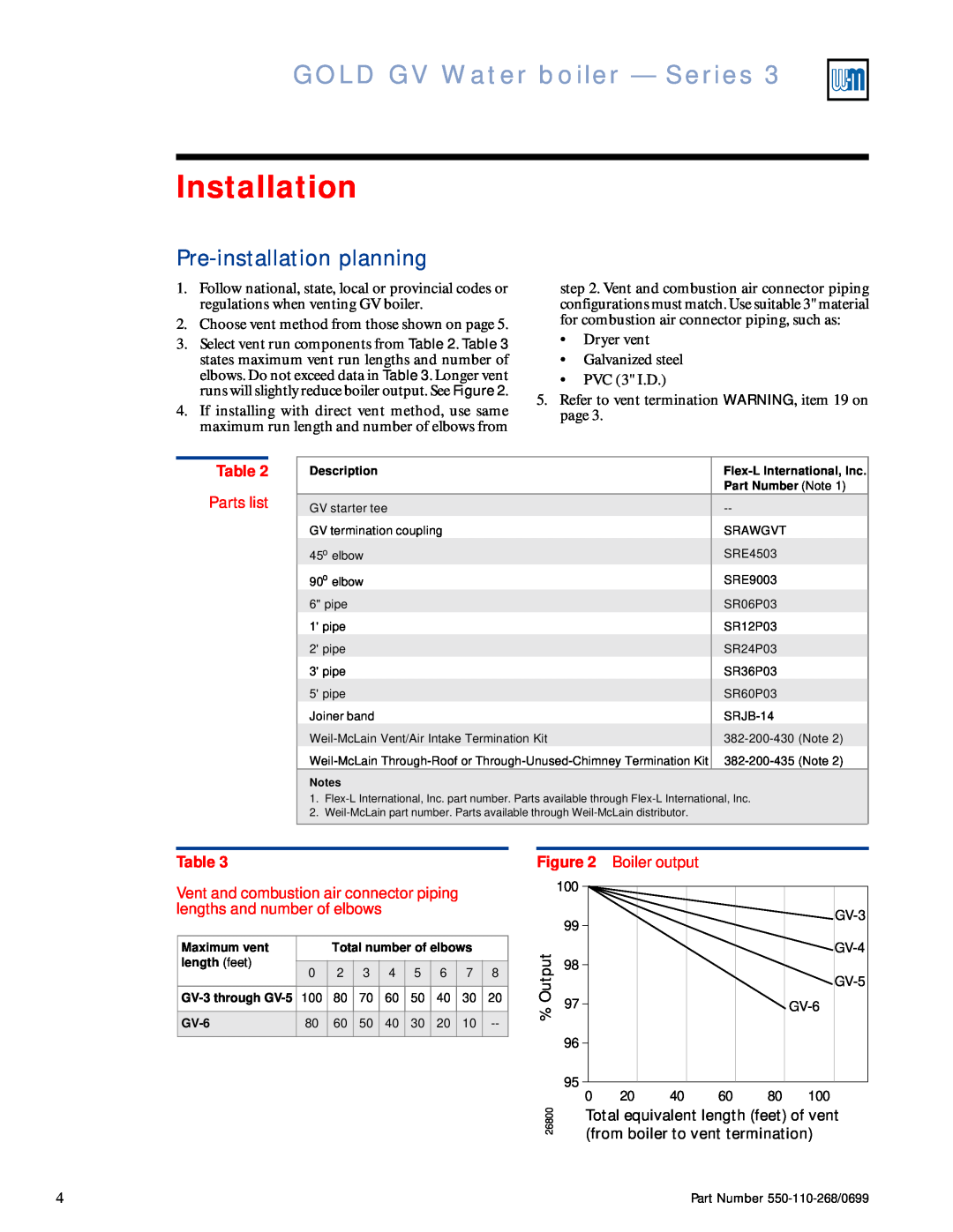 Weil-McLain STAR-34 manual Installation, Pre-installationplanning, Parts list, Boiler output, Output 