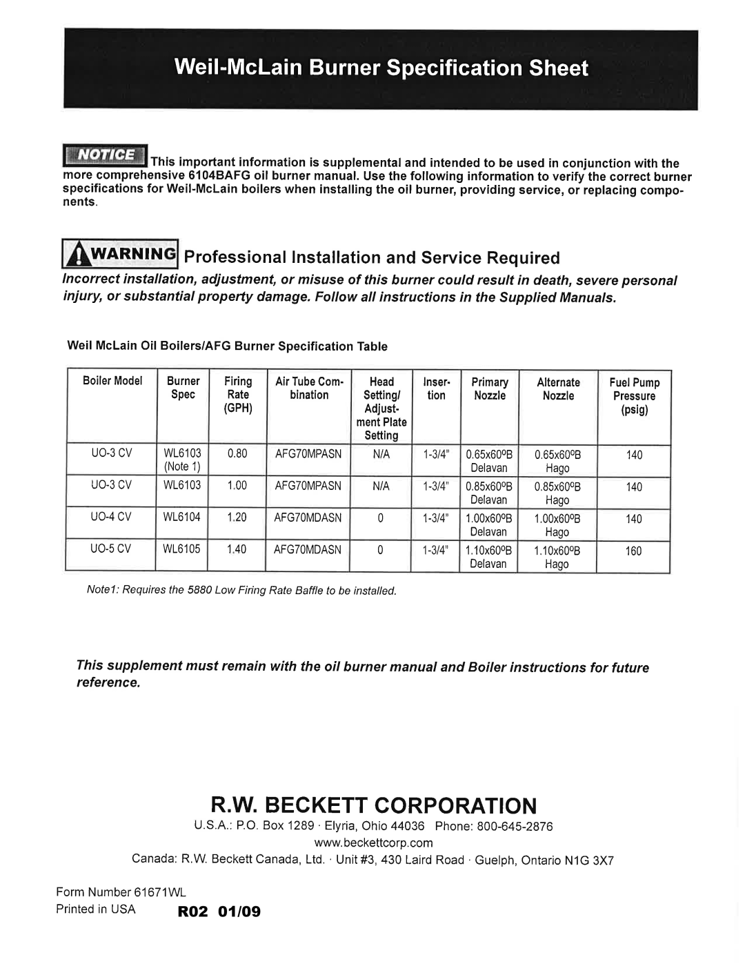 Weil-McLain UO-4 CV, UO-5 CV, UO-3 CV manual R02 01/09 