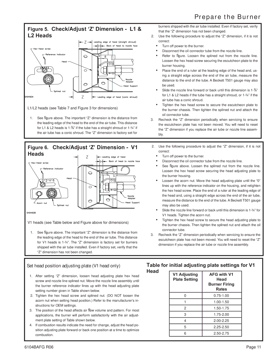 Weil-McLain UO-5 CV, UO-4 CV, UO-3 CV manual Check/Adjust ‘Z’ Dimension L1 & L2 Heads 