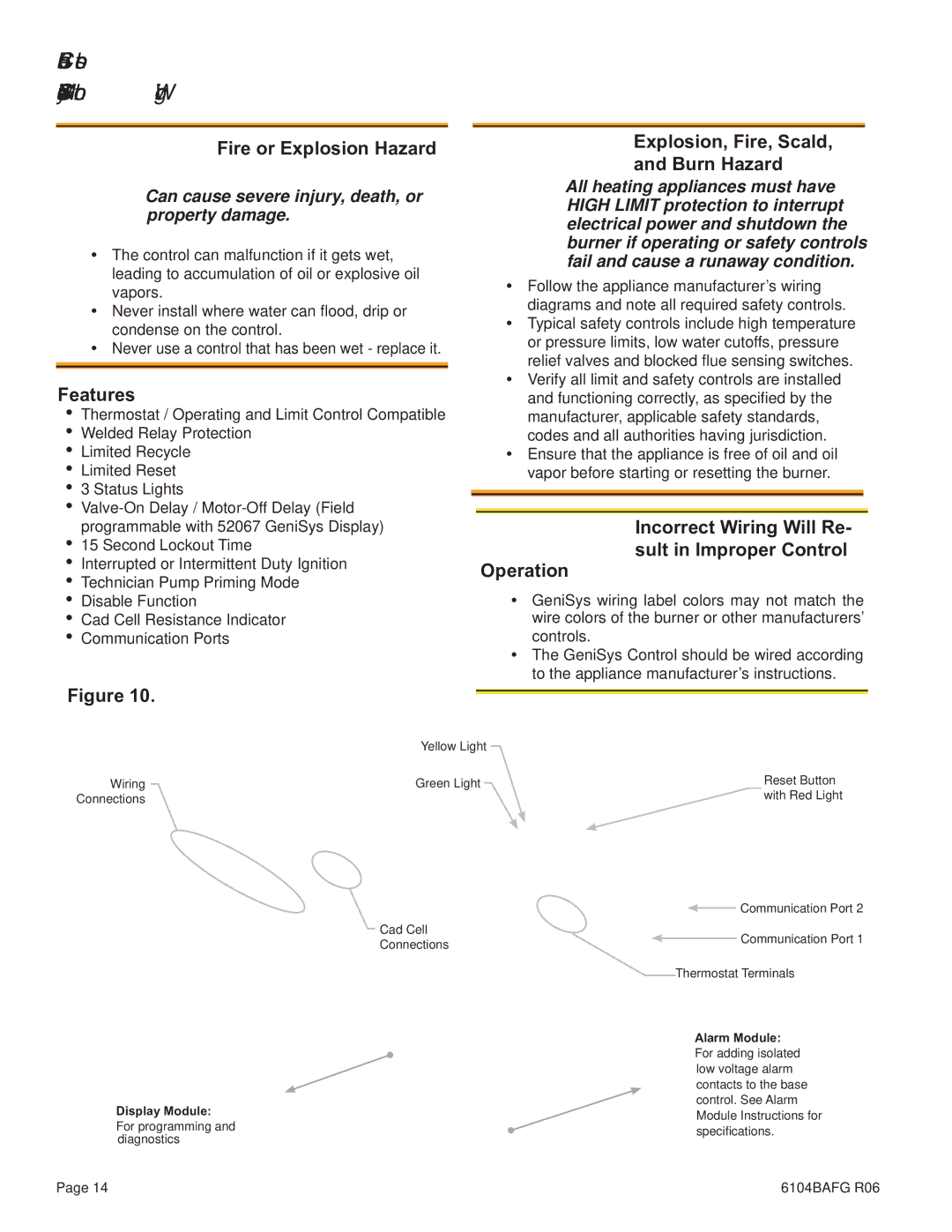 Weil-McLain UO-5 CV, UO-4 CV manual Burner Controls GeniSys Model 7505 Control, Wiring, Fire or Explosion Hazard, Features 