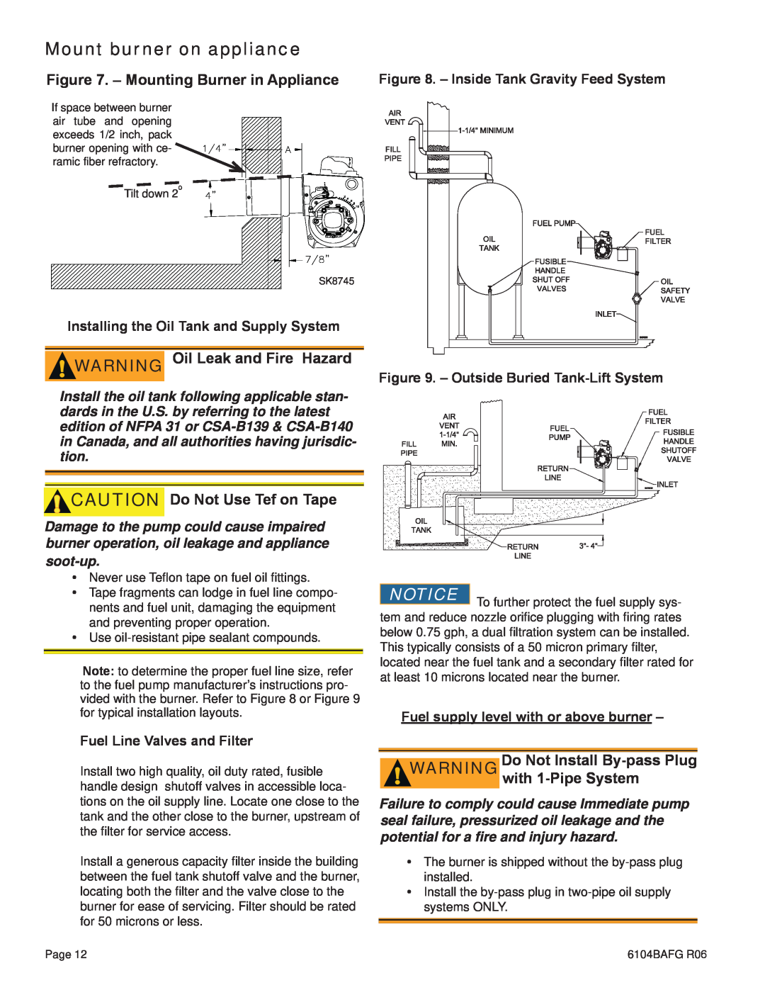 Weil-McLain UO-4 CV manual Mounting Burner in Appliance, WARNING Oil Leak and Fire Hazard, CAUTION Do Not Use Tef on Tape 