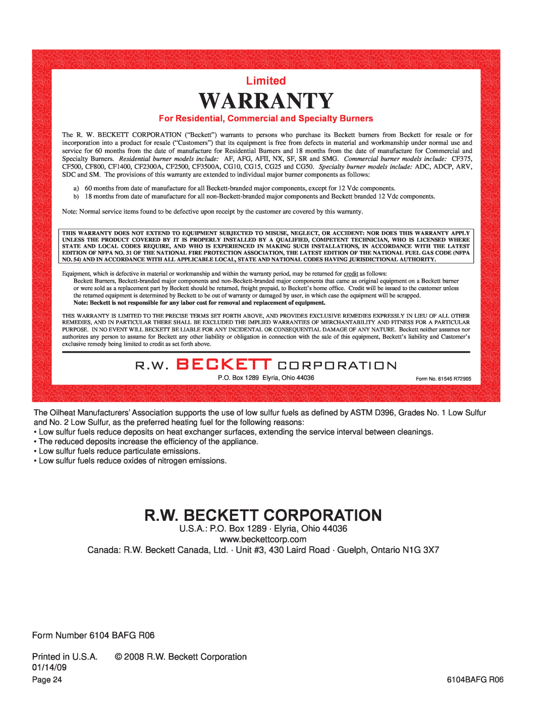 Weil-McLain UO-4 CV manual R.W. Beckett Corporation, Warranty, Limited, For Residential, Commercial and Specialty Burners 