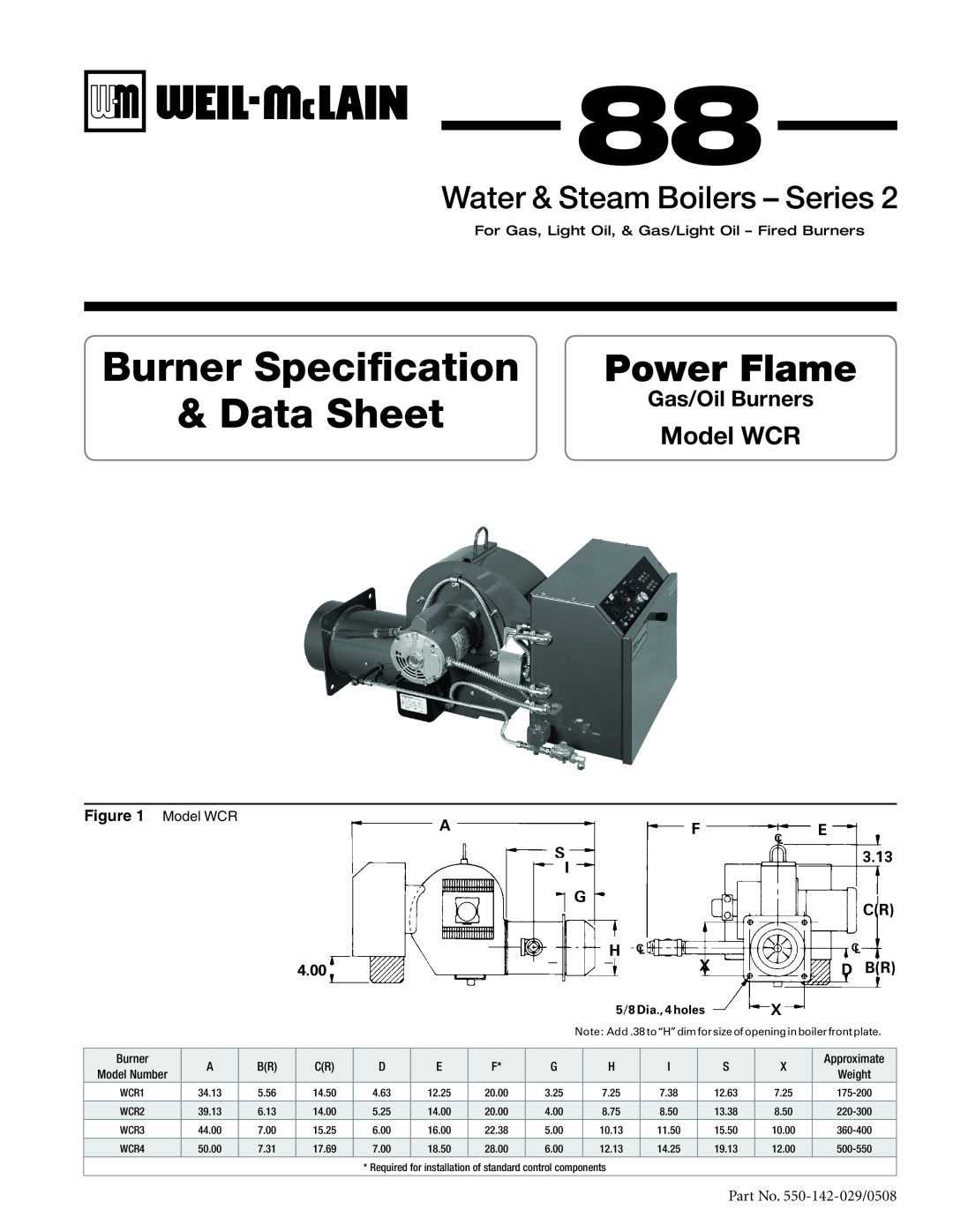 Weil-McLain manual Model WCR, Burner Specification & Data Sheet, Power Flame, Water & Steam Boilers - Series, 4.00 