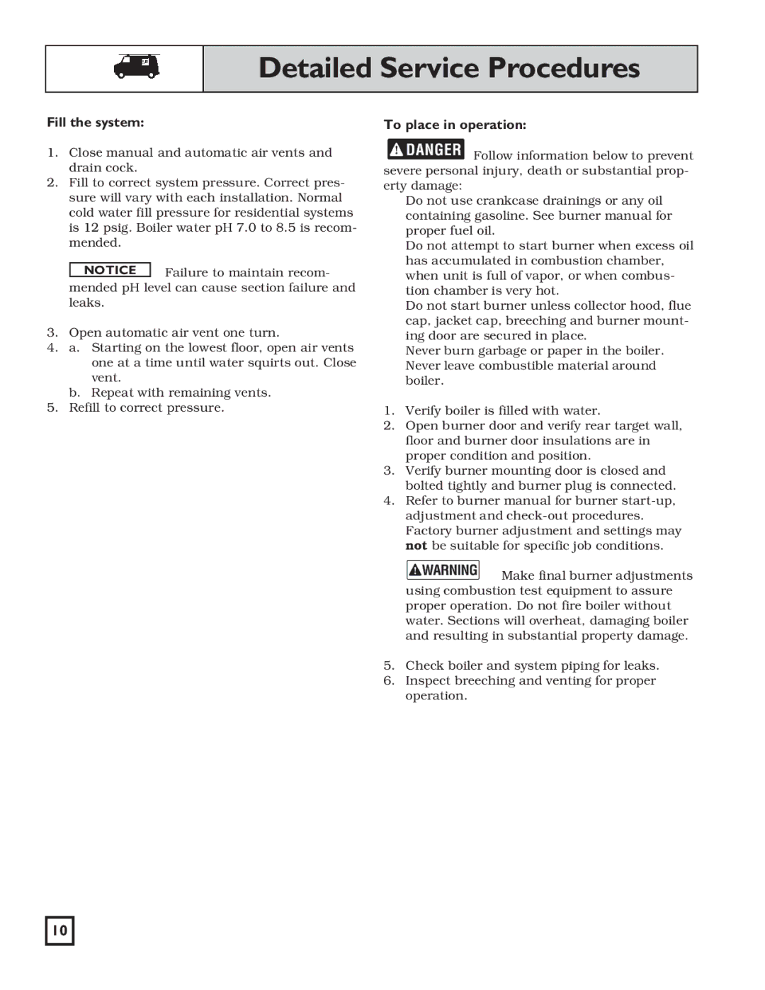 Weil-McLain WGO manual Fill the system, To place in operation 