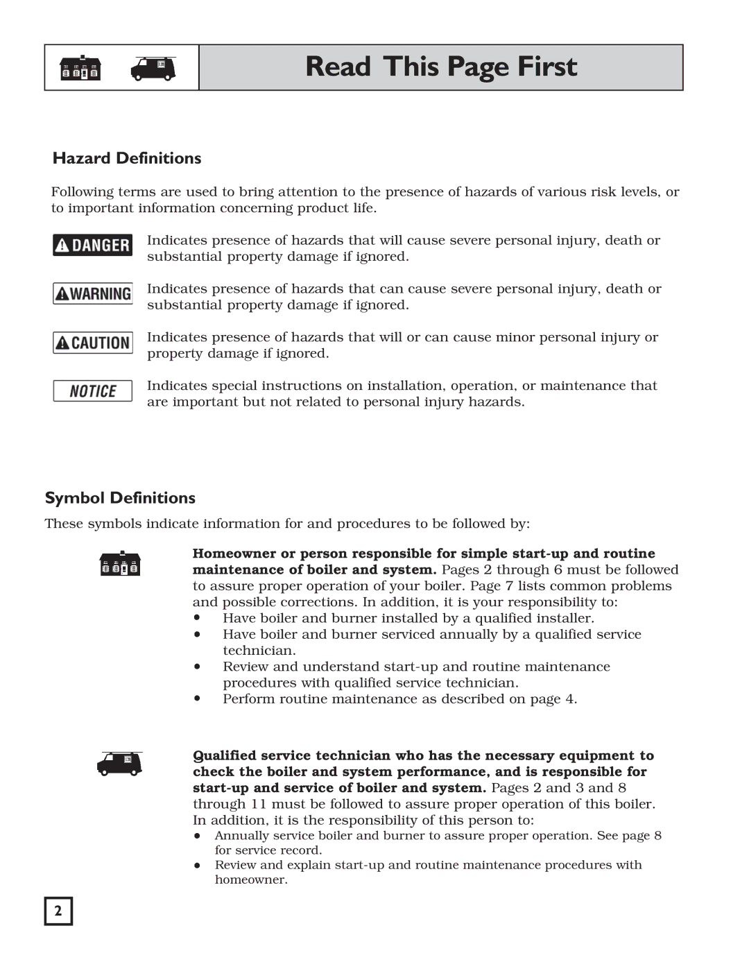 Weil-McLain WGO manual Read This Page First, Hazard Definitions 