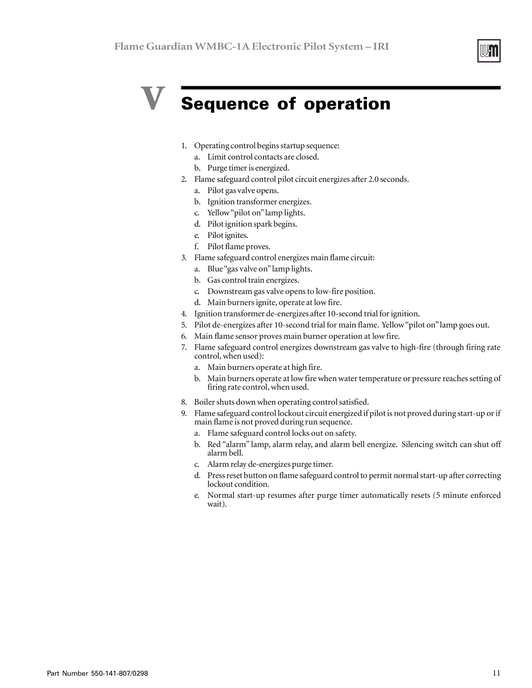 Weil-McLain WMBC-1A manual Sequence of operation 