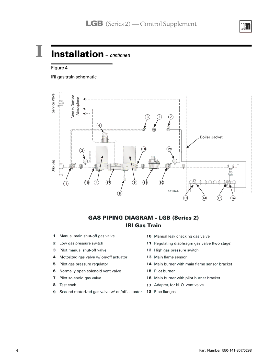 Weil-McLain WMBC-1A manual GAS Piping Diagram LGB Series IRI Gas Train 