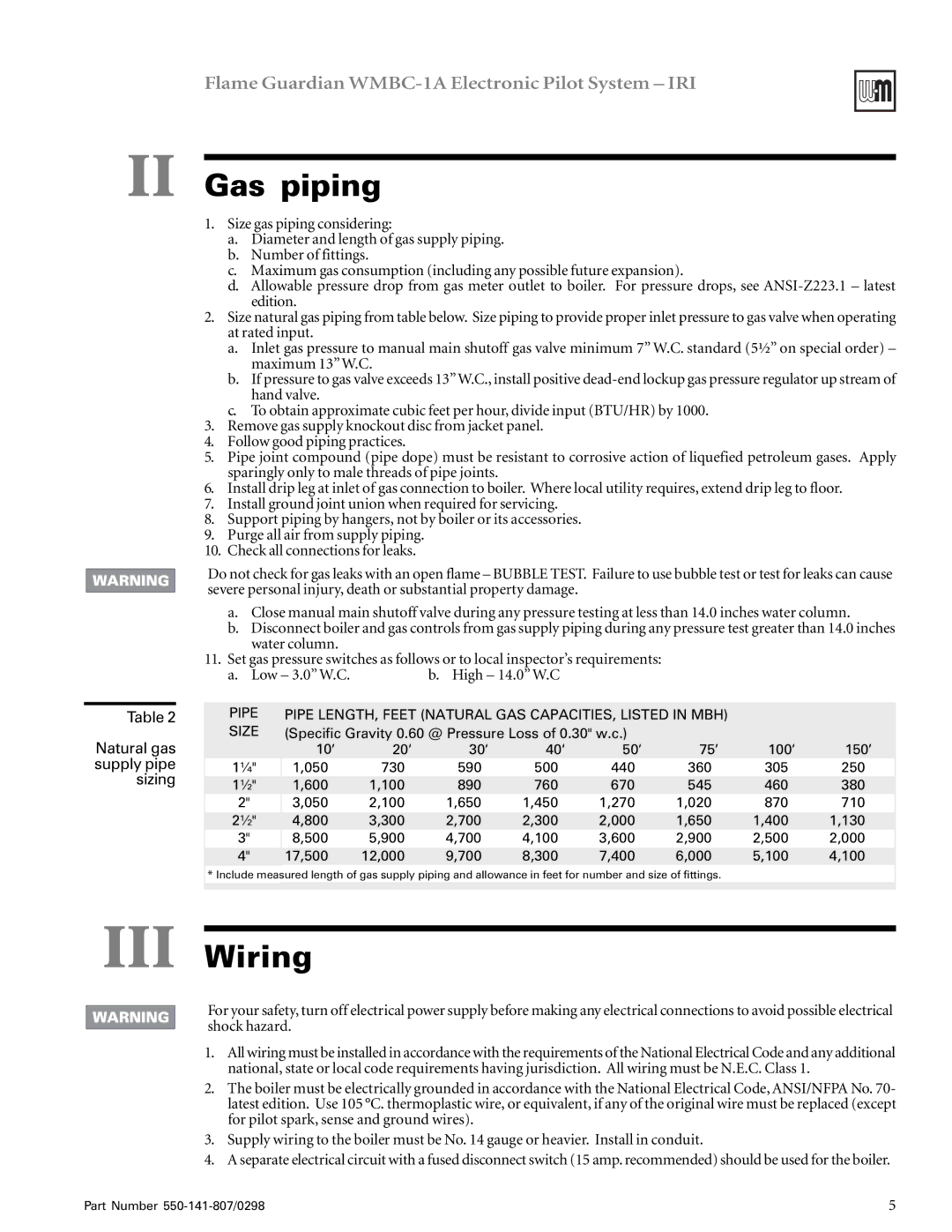 Weil-McLain WMBC-1A manual Gas piping, III Wiring 