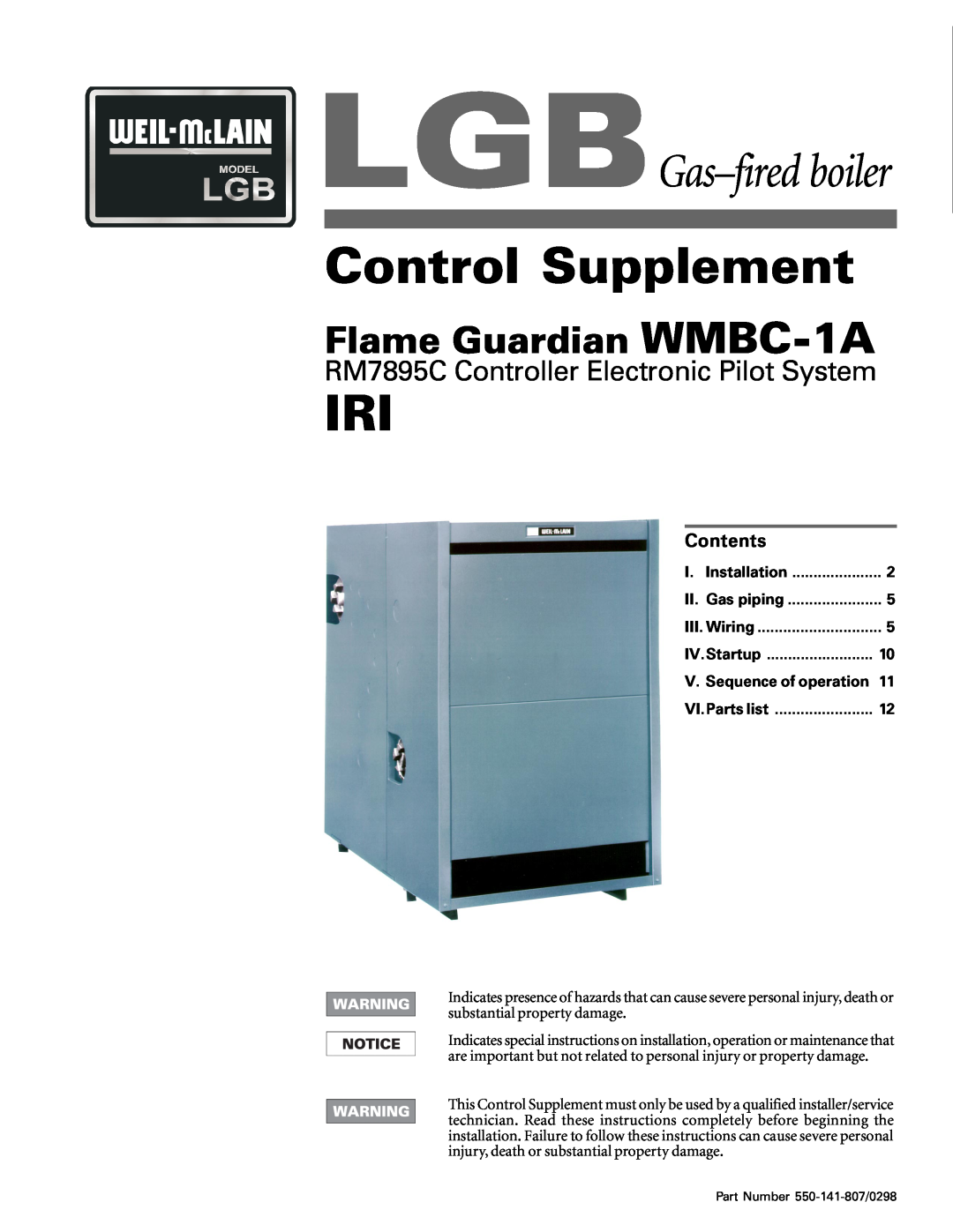 Weil-McLain WMBC-1A manual Contents, V. Sequence of operation, Control Supplement, LGBGas-firedboiler 