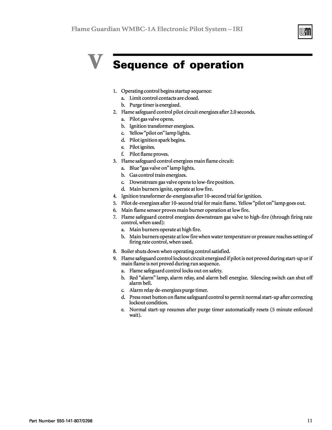 Weil-McLain WMBC-1A manual V Sequence of operation 