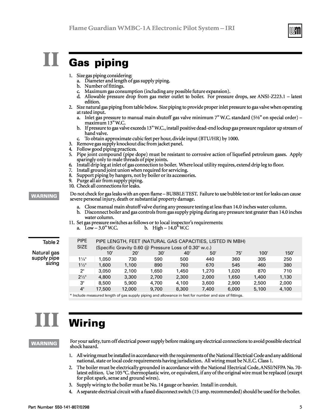 Weil-McLain WMBC-1A manual Gas piping, III Wiring 