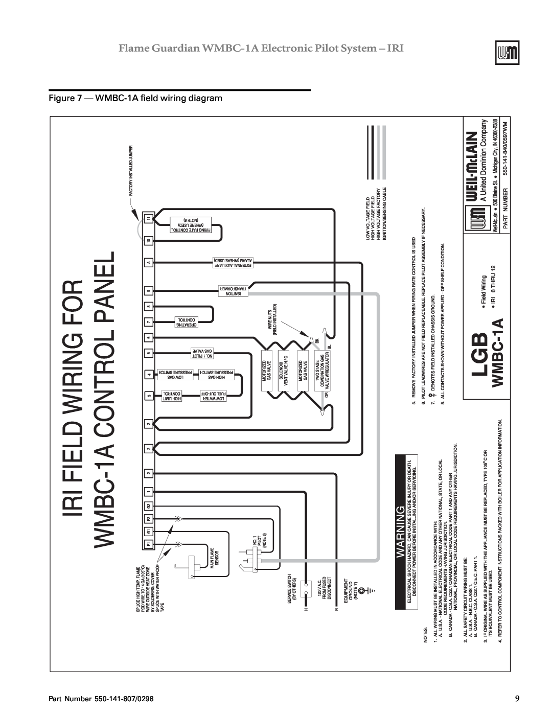 Weil-McLain manual WMBC-1Afield wiring diagram, Part Number 550-141-807/0298 