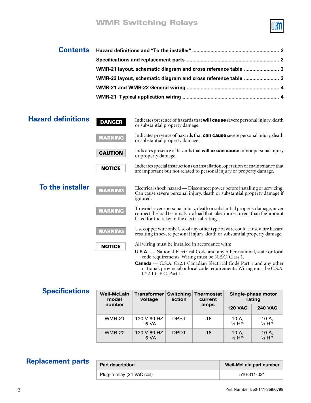 Weil-McLain WMR-21, WMR-22 instruction manual WMRSwitchingRelays 