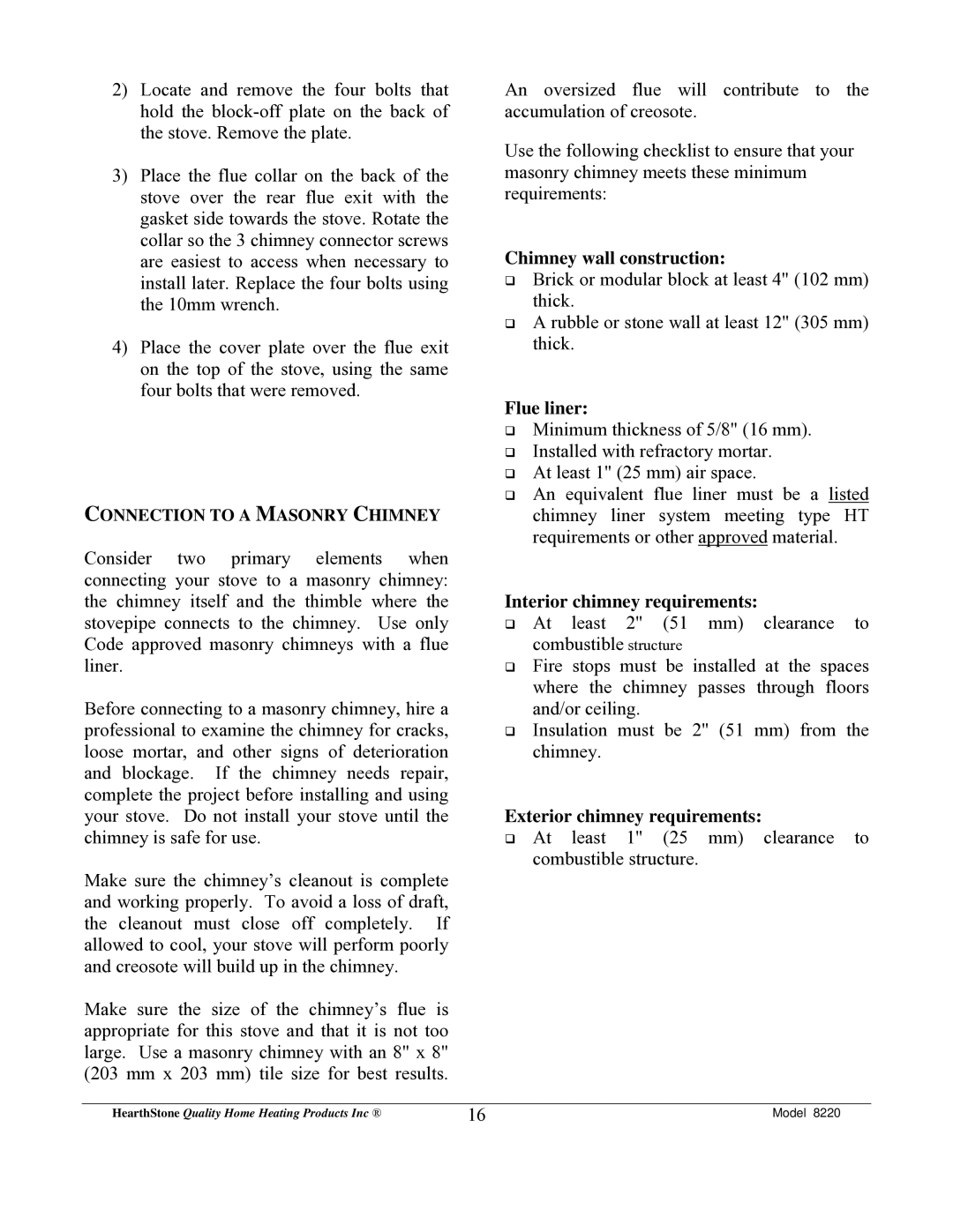 Weiman Products Deva 100 owner manual Chimney wall construction, Flue liner, Interior chimney requirements 
