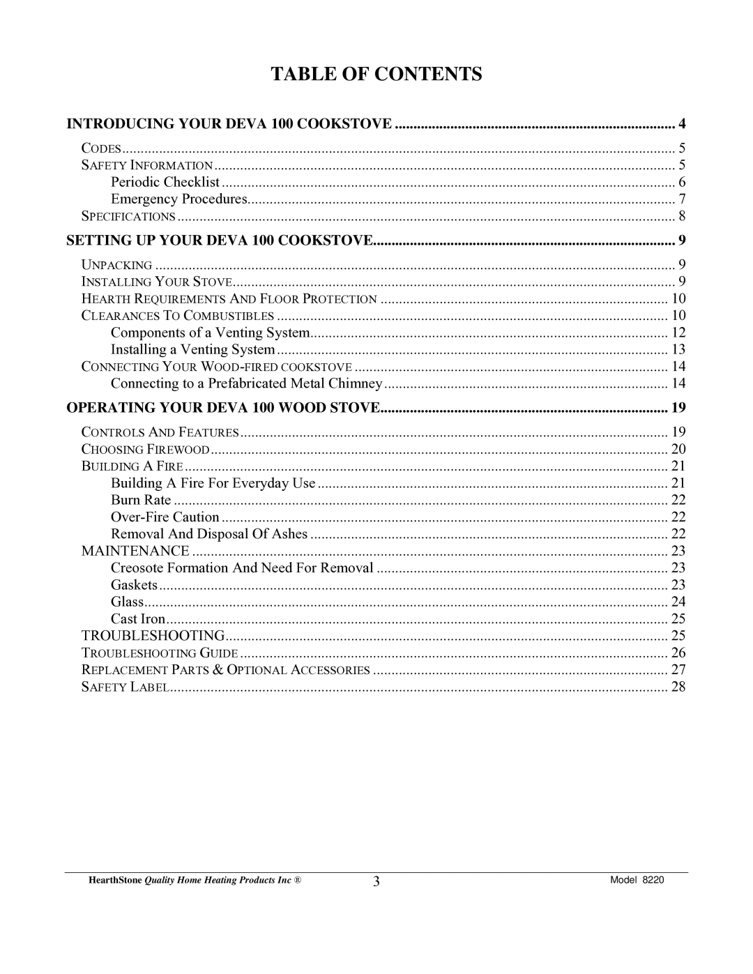 Weiman Products Deva 100 owner manual Table of Contents 