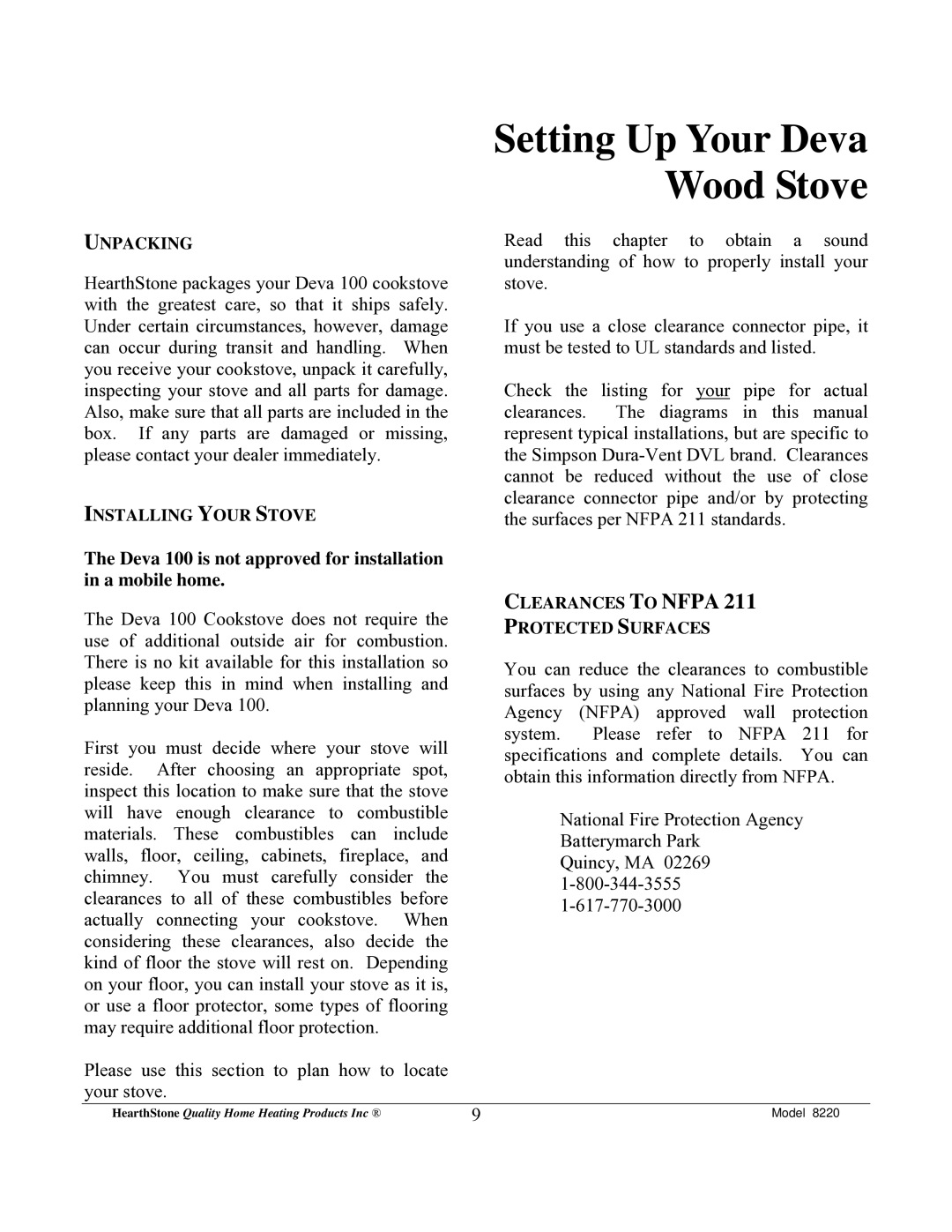 Weiman Products owner manual Setting Up Your Deva Wood Stove, Deva 100 is not approved for installation in a mobile home 