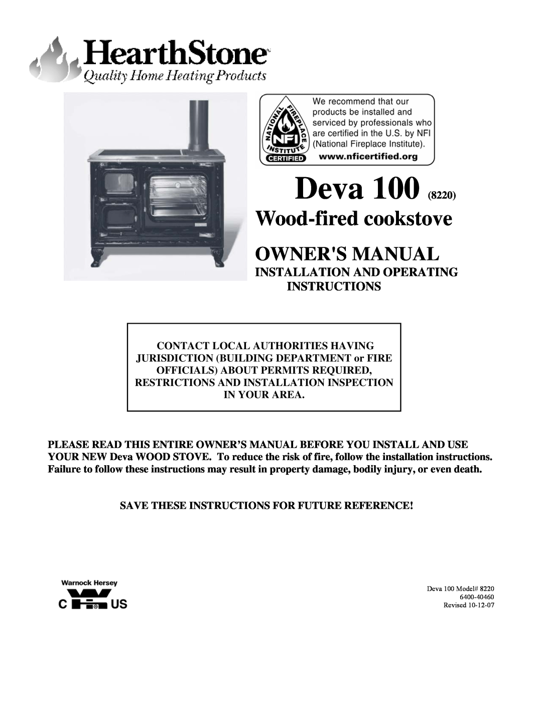 Weiman Products Deva 100 owner manual Installation And Operating Instructions, Wood-firedcookstove 
