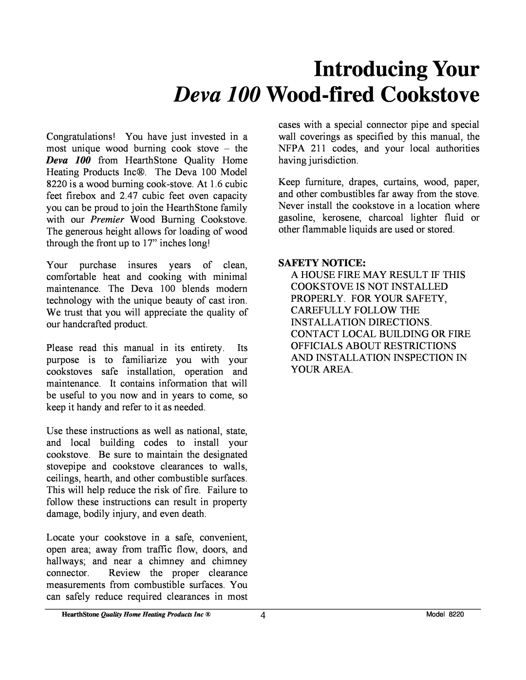Weiman Products owner manual Introducing Your Deva 100 Wood-firedCookstove, Safety Notice 