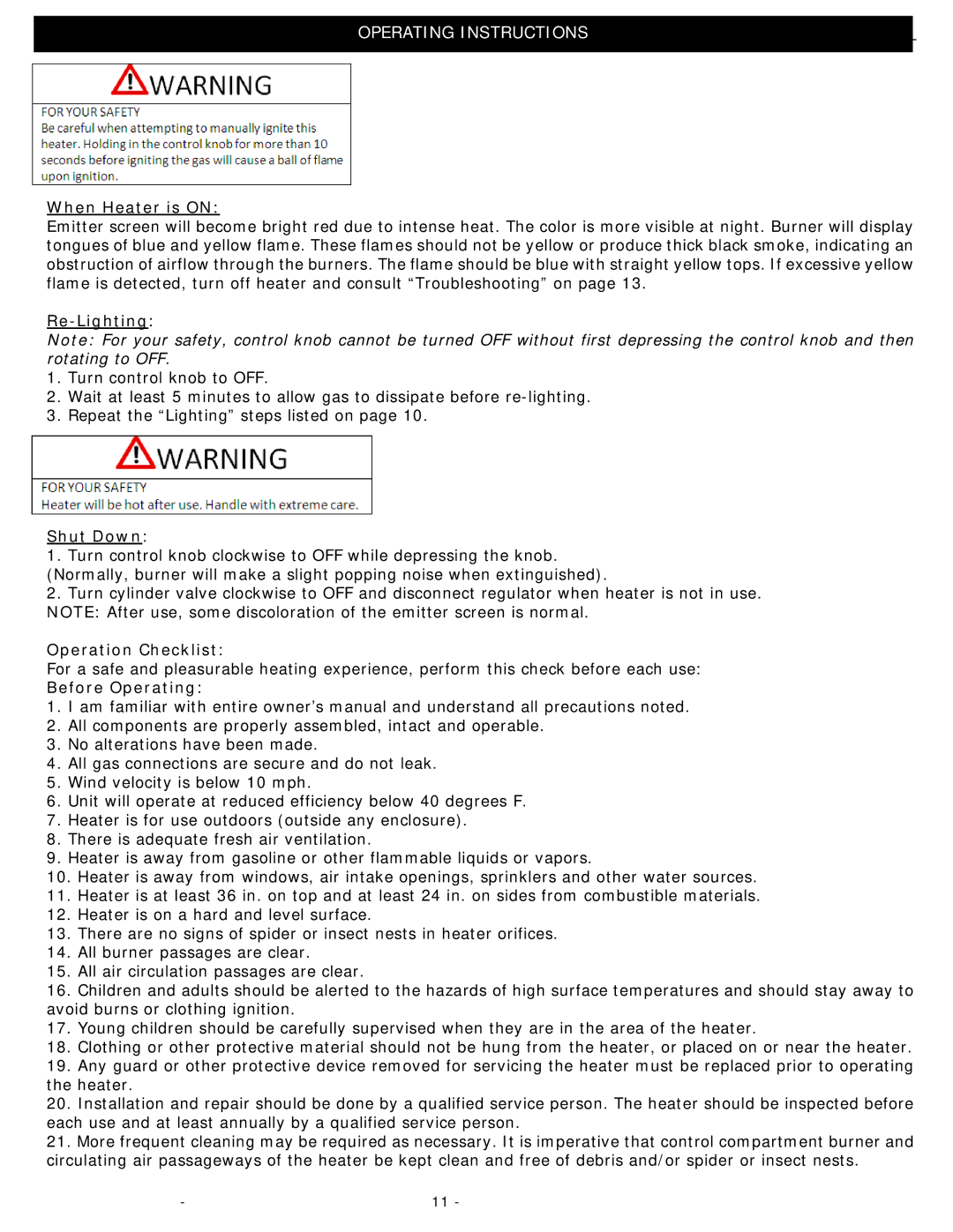 Well Traveled Living LIP-10A-TGG-LPG-SP manual When Heater is on, Re-Lighting, Shut Down, Operation Checklist 