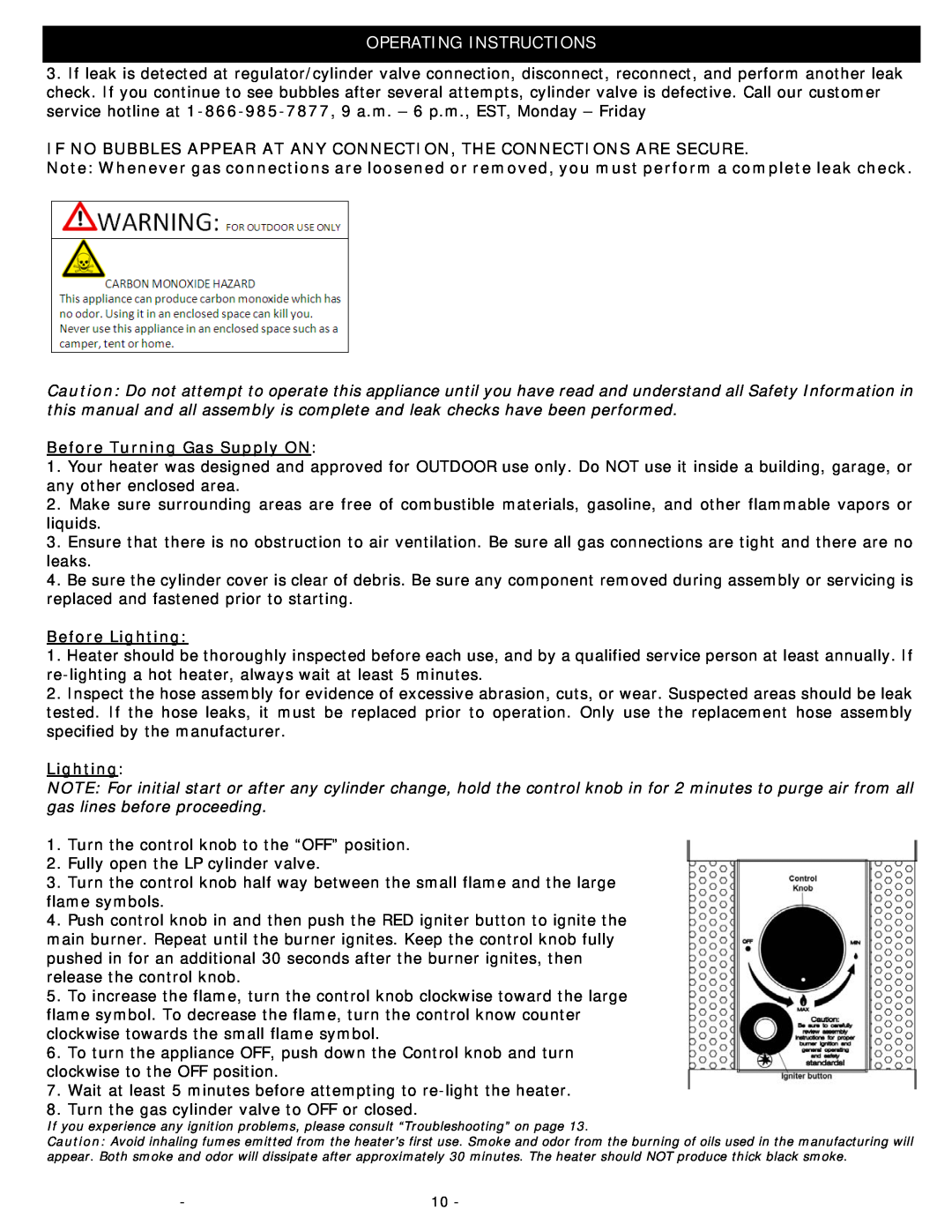 Well Traveled Living LIP-10A-TGG-LPG-SP manual Operating Instructions, Before Turning Gas Supply ON, Before Lighting 