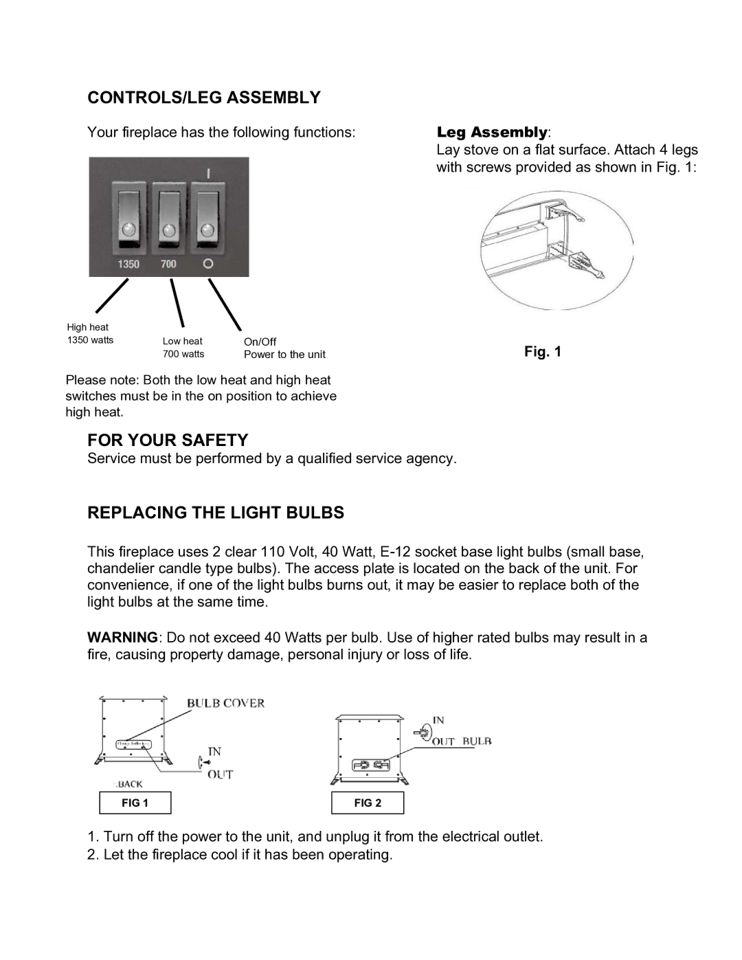 Well Traveled Living Stowe, 60353 manual CONTROLS/LEG Assembly, For Your Safety, Replacing the Light Bulbs 