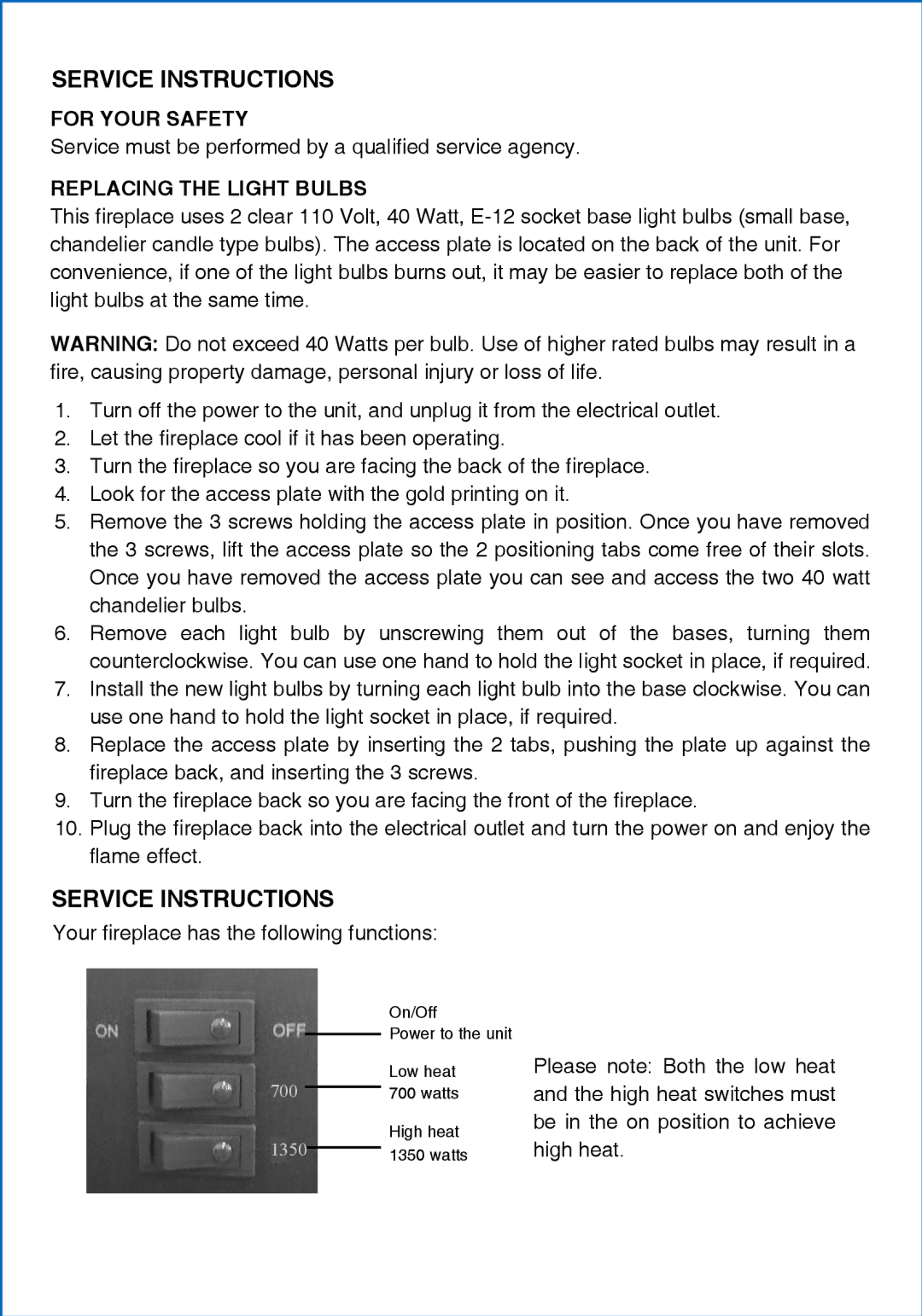 Well Traveled Living 60351, Vernon manual Service Instructions, For Your Safety, Replacing the Light Bulbs 