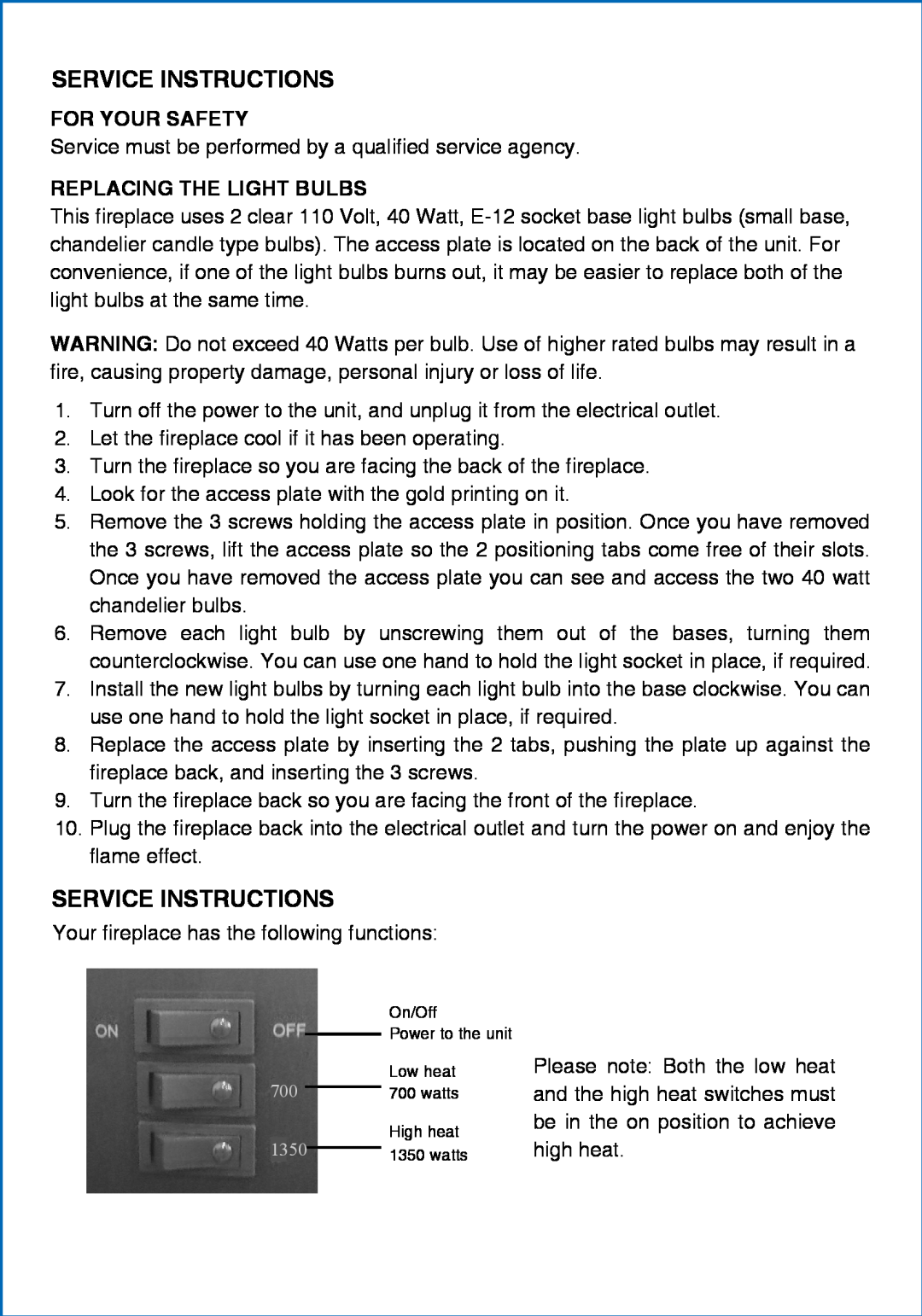 Well Traveled Living 60351, Vernon manual Service Instructions, For Your Safety, Replacing The Light Bulbs 