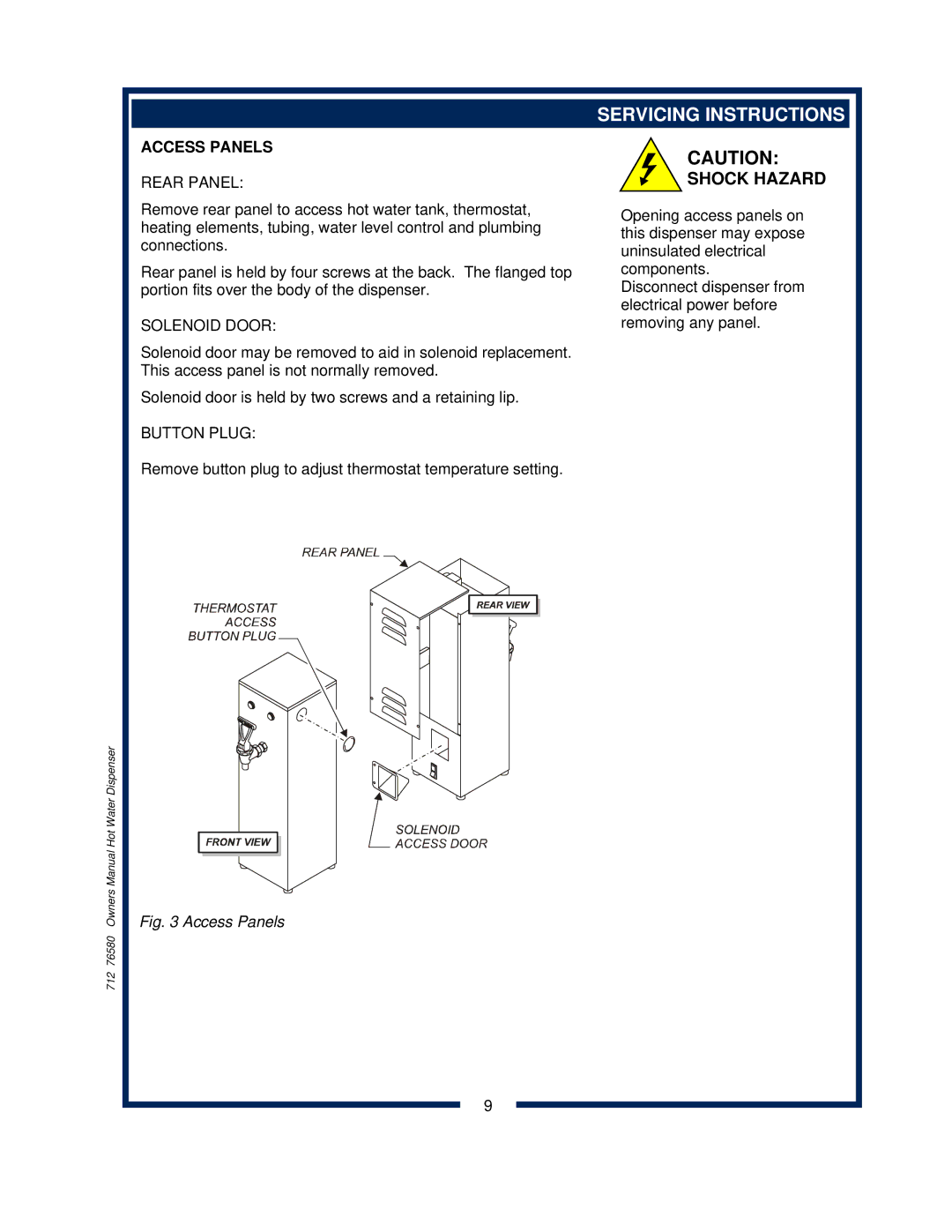 Wells 1222 1222CA owner manual Servicing Instructions, Access Panels, Rear Panel, Solenoid Door, Button Plug 