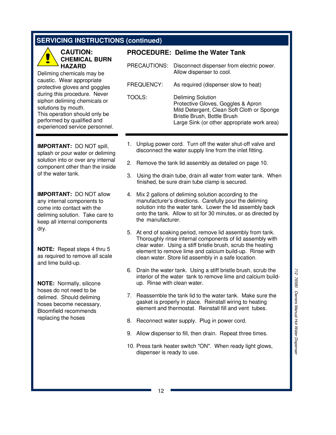 Wells 1222 1222CA owner manual Procedure Delime the Water Tank, Chemical Burn Hazard 