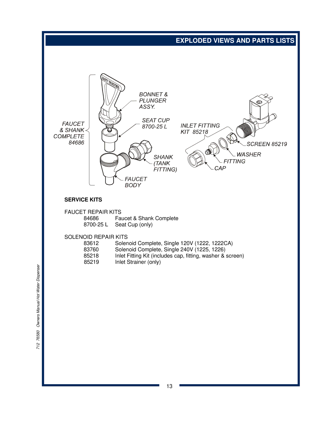 Wells 1222 1222CA owner manual Exploded Views and Parts Lists, Service Kits, Faucet Repair Kits, Solenoid Repair Kits 