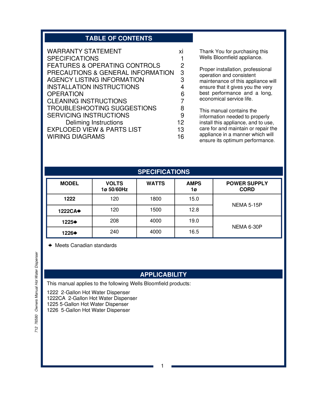 Wells 1222 1222CA owner manual Table of Contents, Specifications, Applicability 