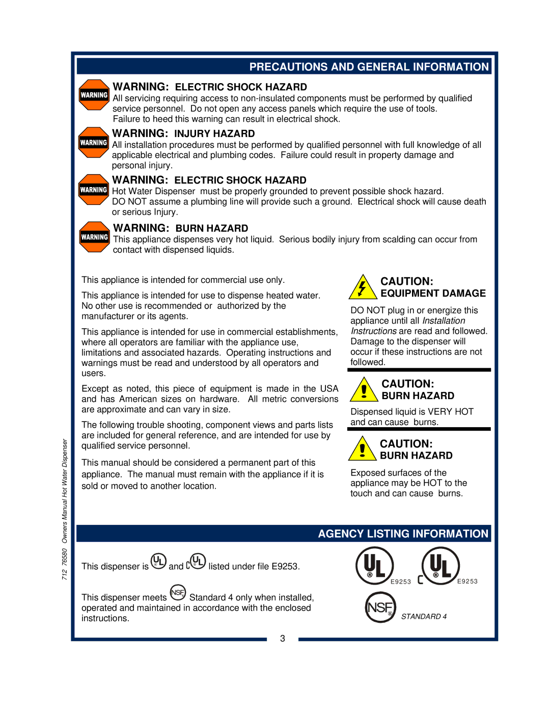 Wells 1222 1222CA Precautions and General Information, Agency Listing Information, Equipment Damage, Burn Hazard 