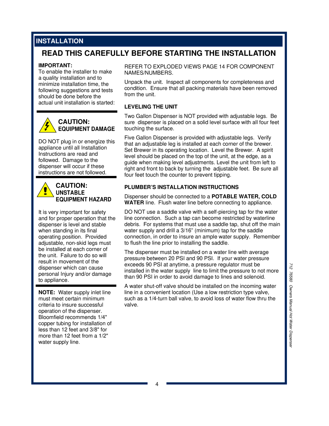 Wells 1222 1222CA Installation, Unstable Equipment Hazard, Refer to Exploded Views page 14 for Component NAMES/NUMBERS 