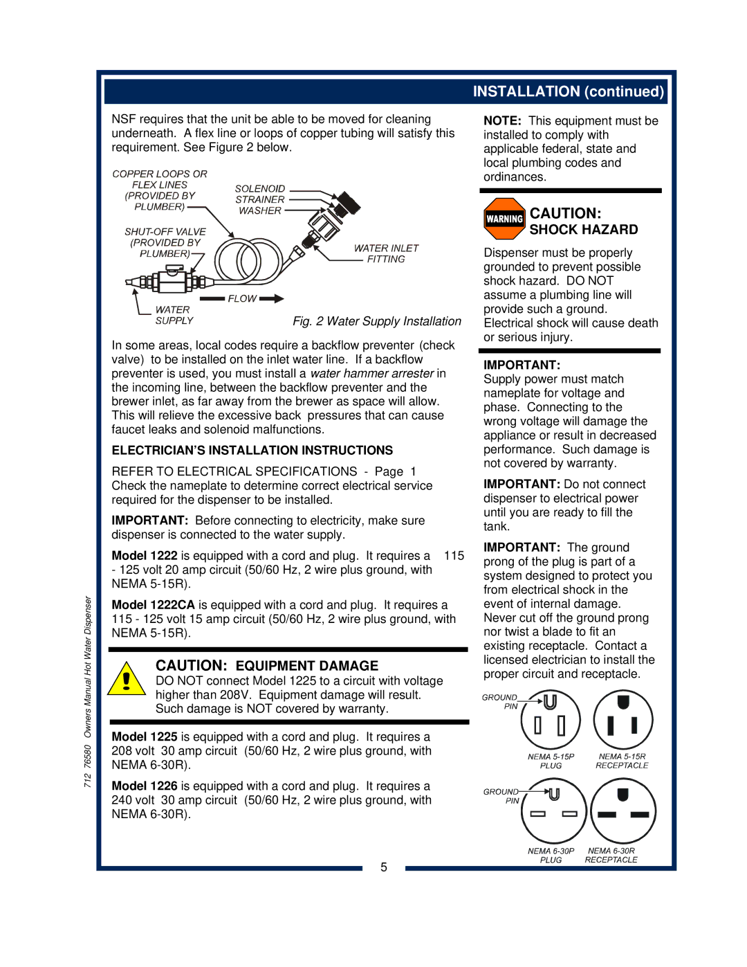 Wells 1222 1222CA owner manual Shock Hazard, ELECTRICIAN’S Installation Instructions 