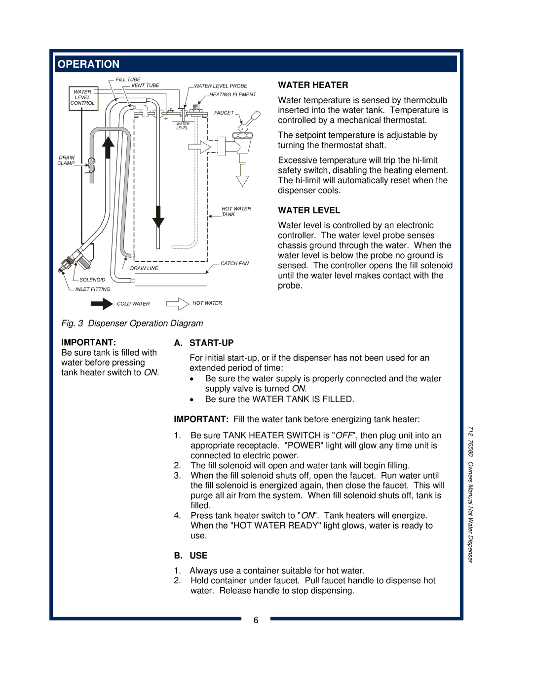 Wells 1222 1222CA owner manual Operation, Water Heater, Water Level, Start-Up, Use 