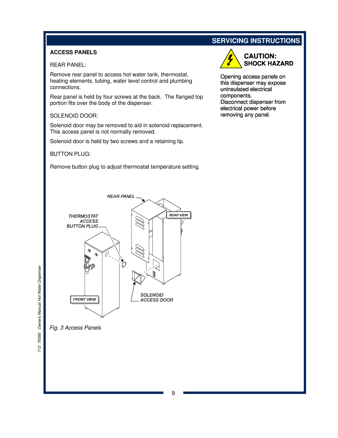 Wells 1222 1222CA owner manual Servicing Instructions, Access Panels, Shock Hazard 