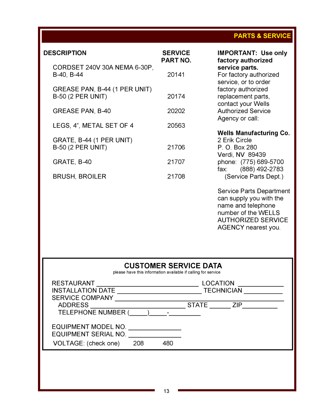 Wells B-40, B-44, B-50 operation manual Parts & Service, Description 