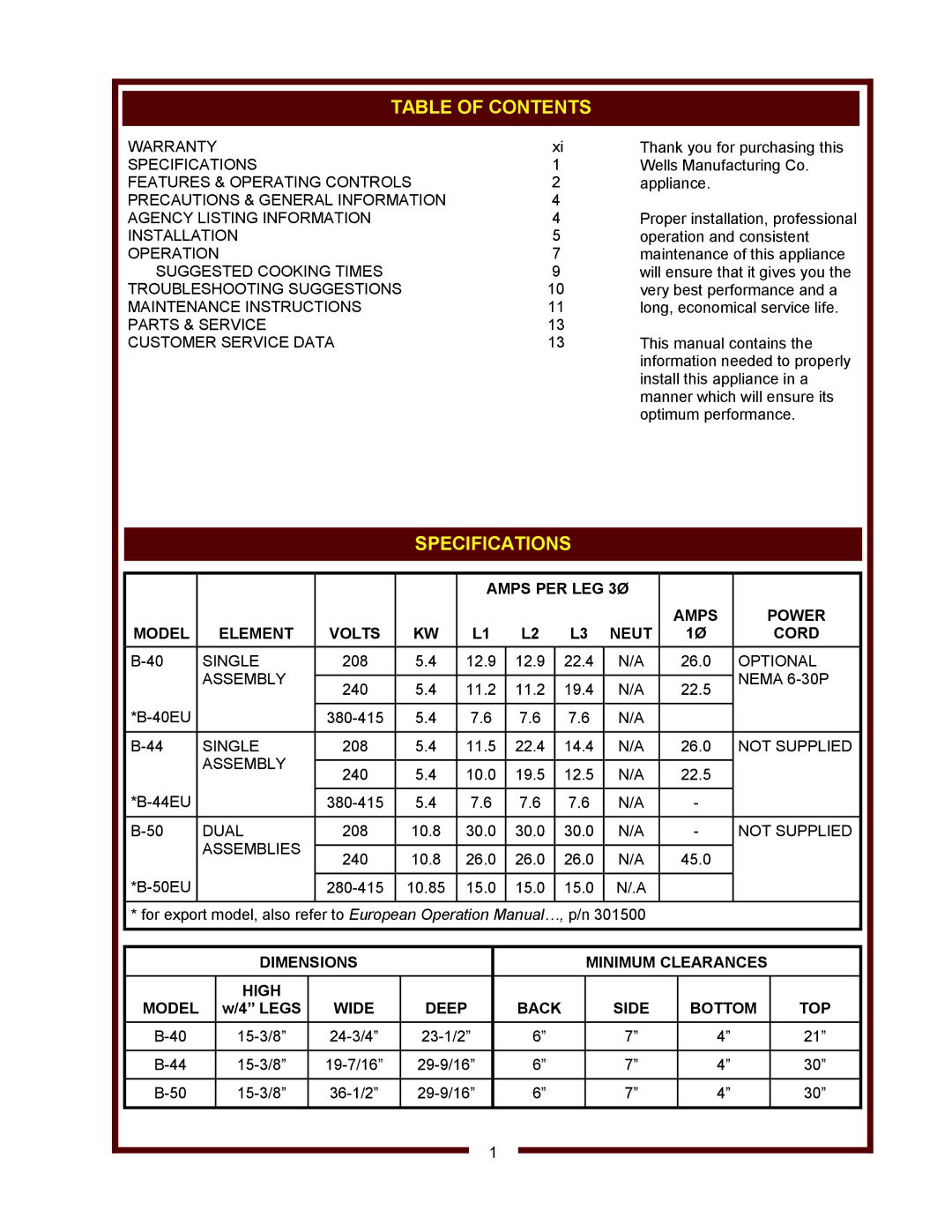 Wells B-40, B-44, B-50 operation manual Table of Contents, Specifications 