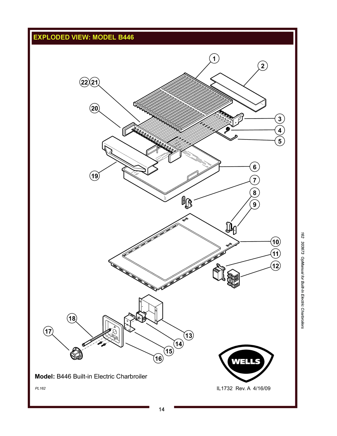 Wells B406, B506 operation manual Model B446 Built-in Electric Charbroiler 