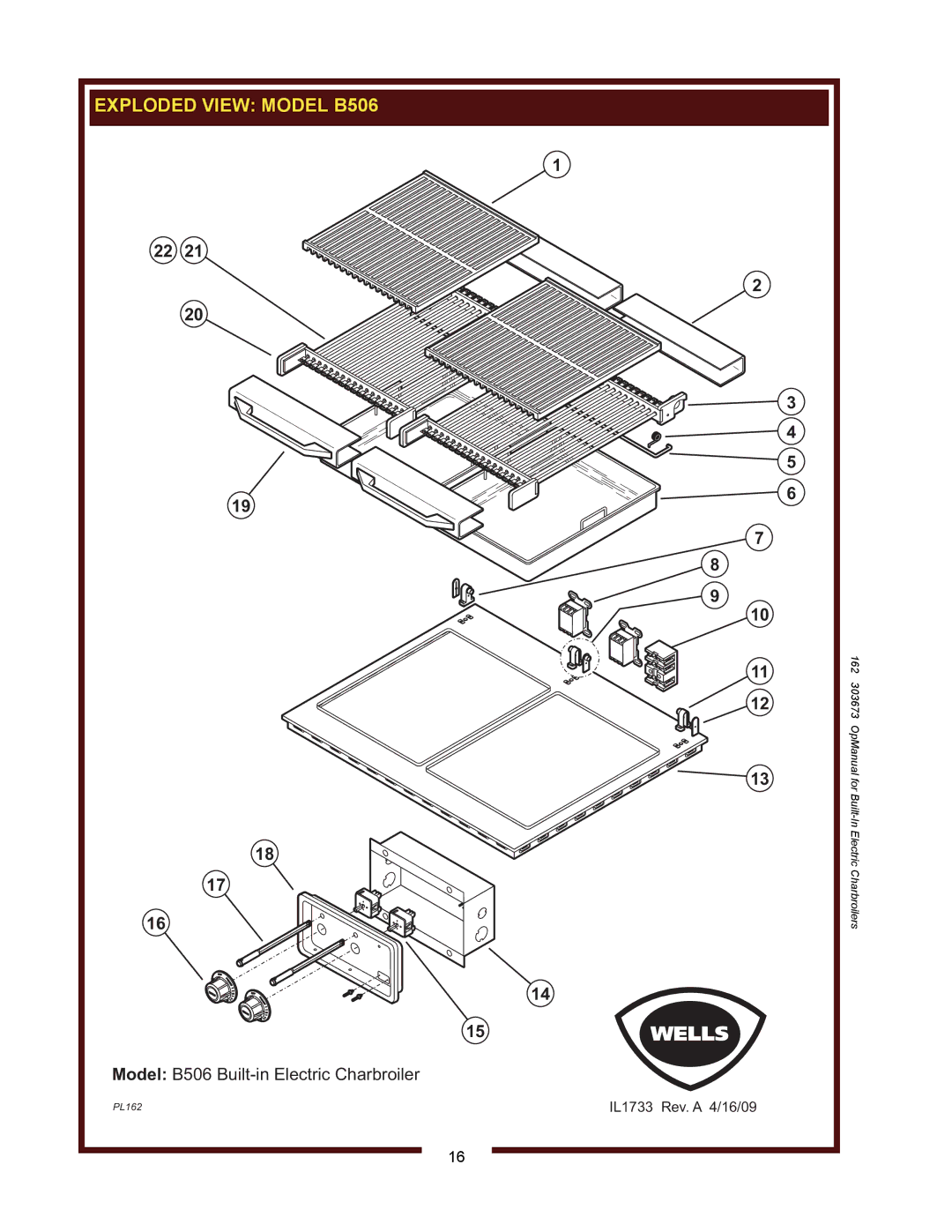 Wells B406, B446 operation manual Model B506 Built-in Electric Charbroiler 