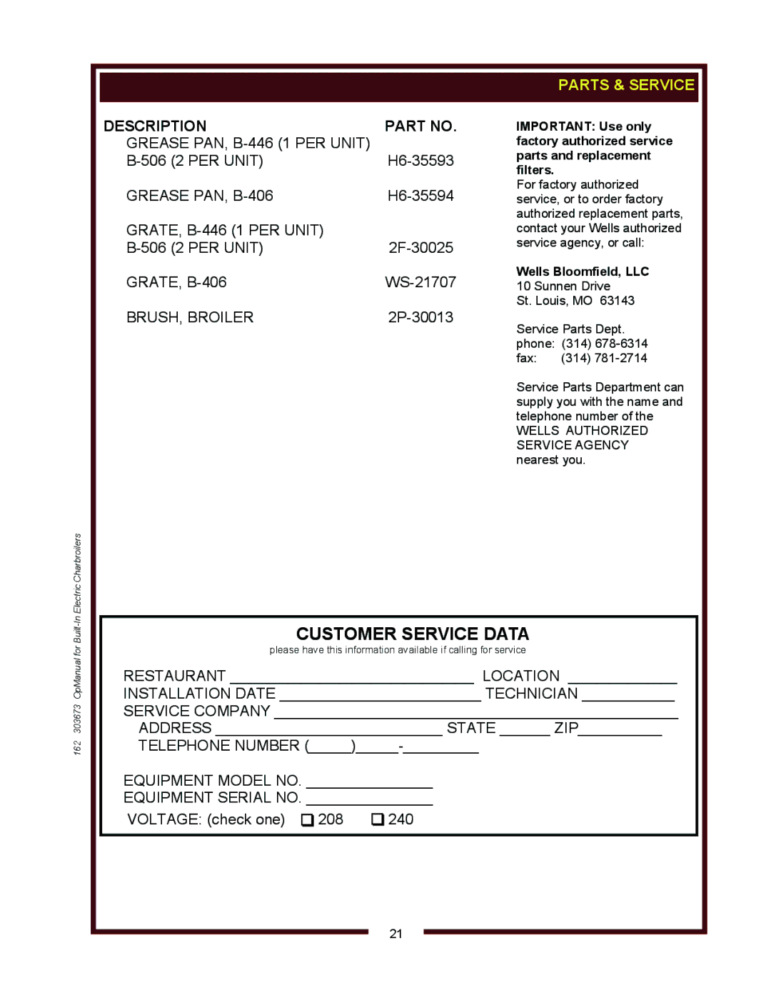 Wells B446, B506, B406 operation manual Wells Bloomfield, LLC 